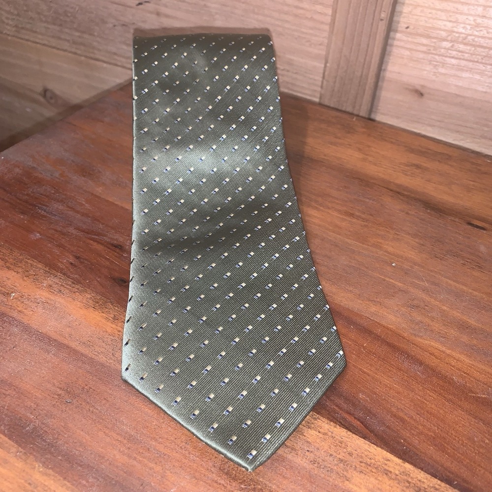 Calvin Klein 100% Silk Necktie Lt Satin Green With Geometric Pattern EUC